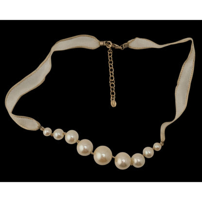 Vintage Avon Ribbon Necklace Faux Pearls Cream Gold Coquette