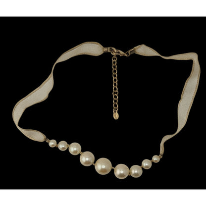 Vintage Avon Ribbon Necklace Faux Pearls Cream Gold Coquette