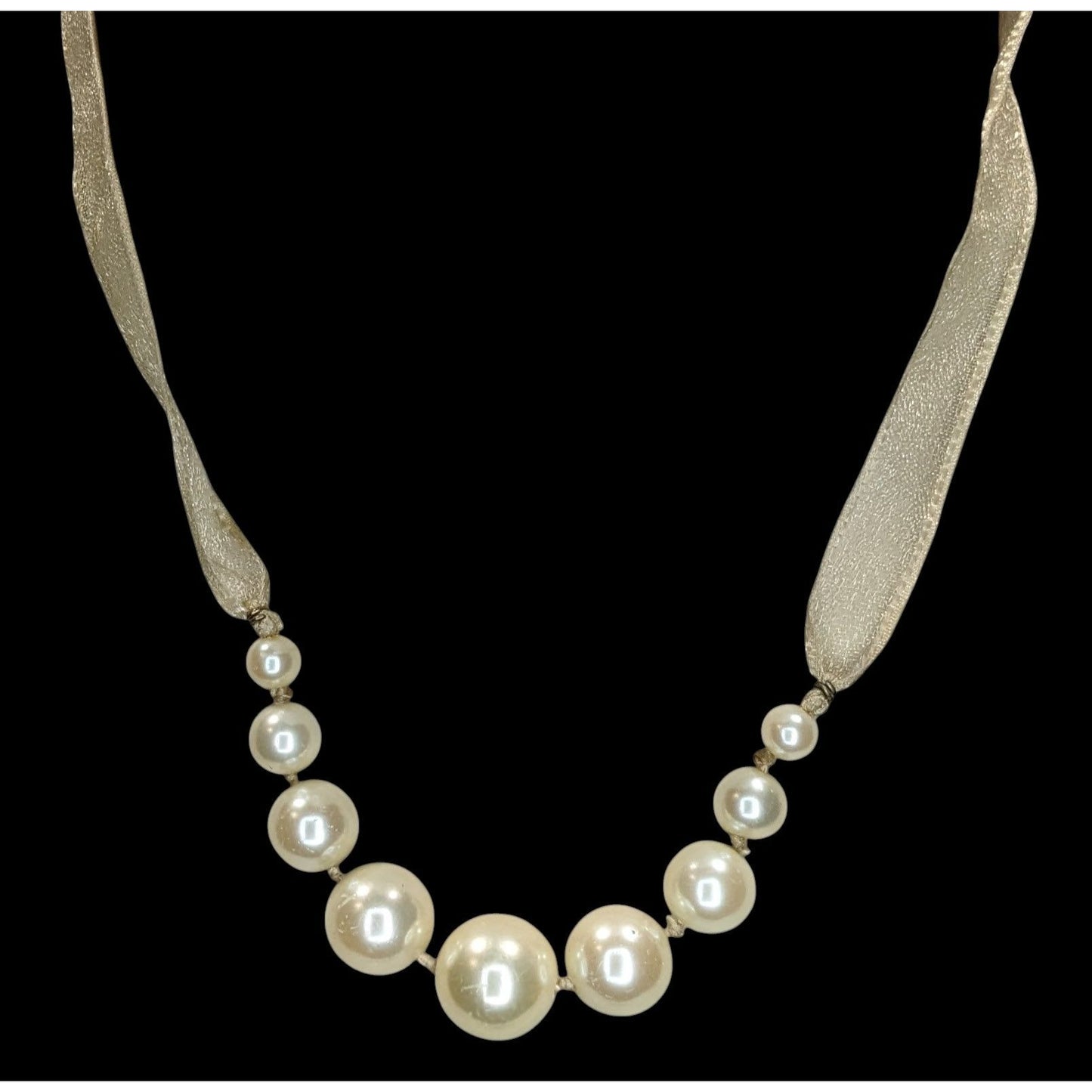 Vintage Avon Ribbon Necklace Faux Pearls Cream Gold Coquette