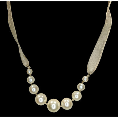 Vintage Avon Ribbon Necklace Faux Pearls Cream Gold Coquette