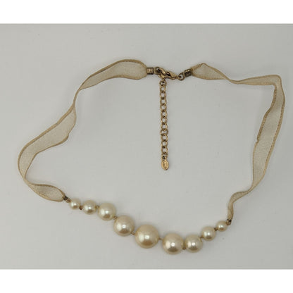 Vintage Avon Ribbon Necklace Faux Pearls Cream Gold Coquette