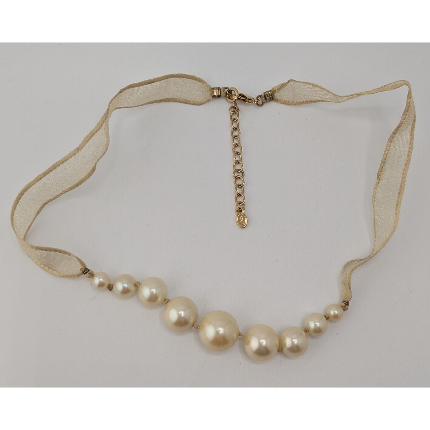 Vintage Avon Ribbon Necklace Faux Pearls Cream Gold Coquette