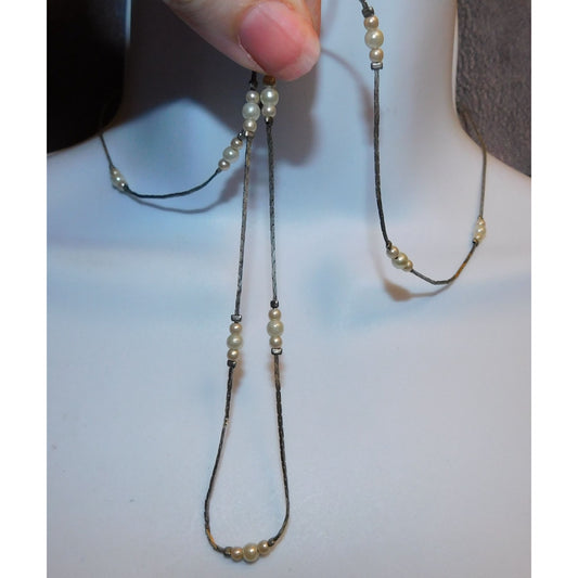 Elegant Minimalist Faux Peal Station Necklace On Silver Tone Chain