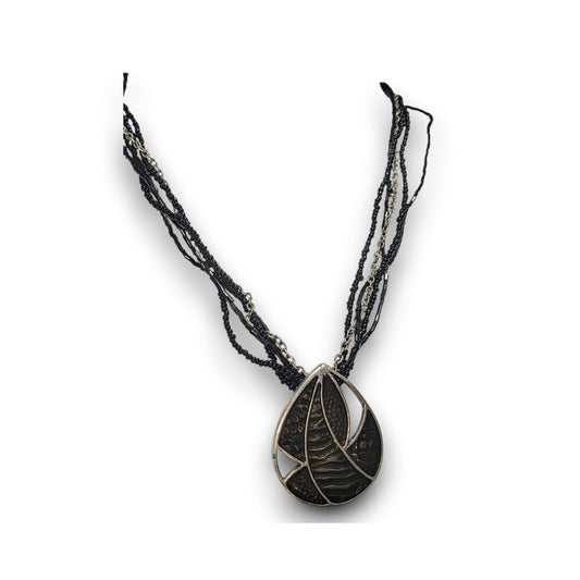 Glam Goth Black Glass Beaded Layered Necklace Abstract Enamel Pendant Silver Tone