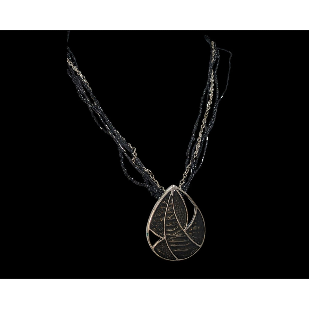 Glam Goth Black Glass Beaded Layered Necklace Abstract Enamel Pendant Silver Tone