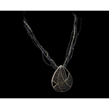Glam Goth Black Glass Beaded Layered Necklace Abstract Enamel Pendant Silver Tone