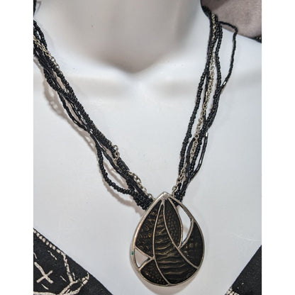 Glam Goth Black Glass Beaded Layered Necklace Abstract Enamel Pendant Silver Tone