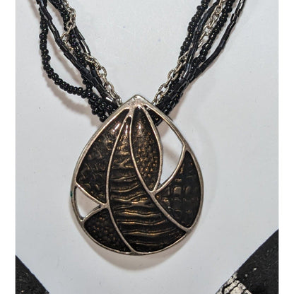Glam Goth Black Glass Beaded Layered Necklace Abstract Enamel Pendant Silver Tone
