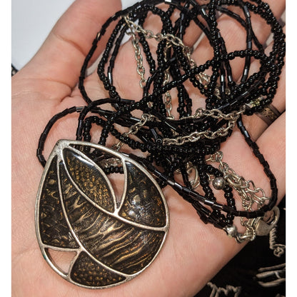 Glam Goth Black Glass Beaded Layered Necklace Abstract Enamel Pendant Silver Tone