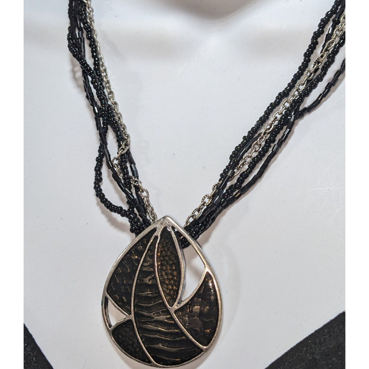 Glam Goth Black Glass Beaded Layered Necklace Abstract Enamel Pendant Silver Tone