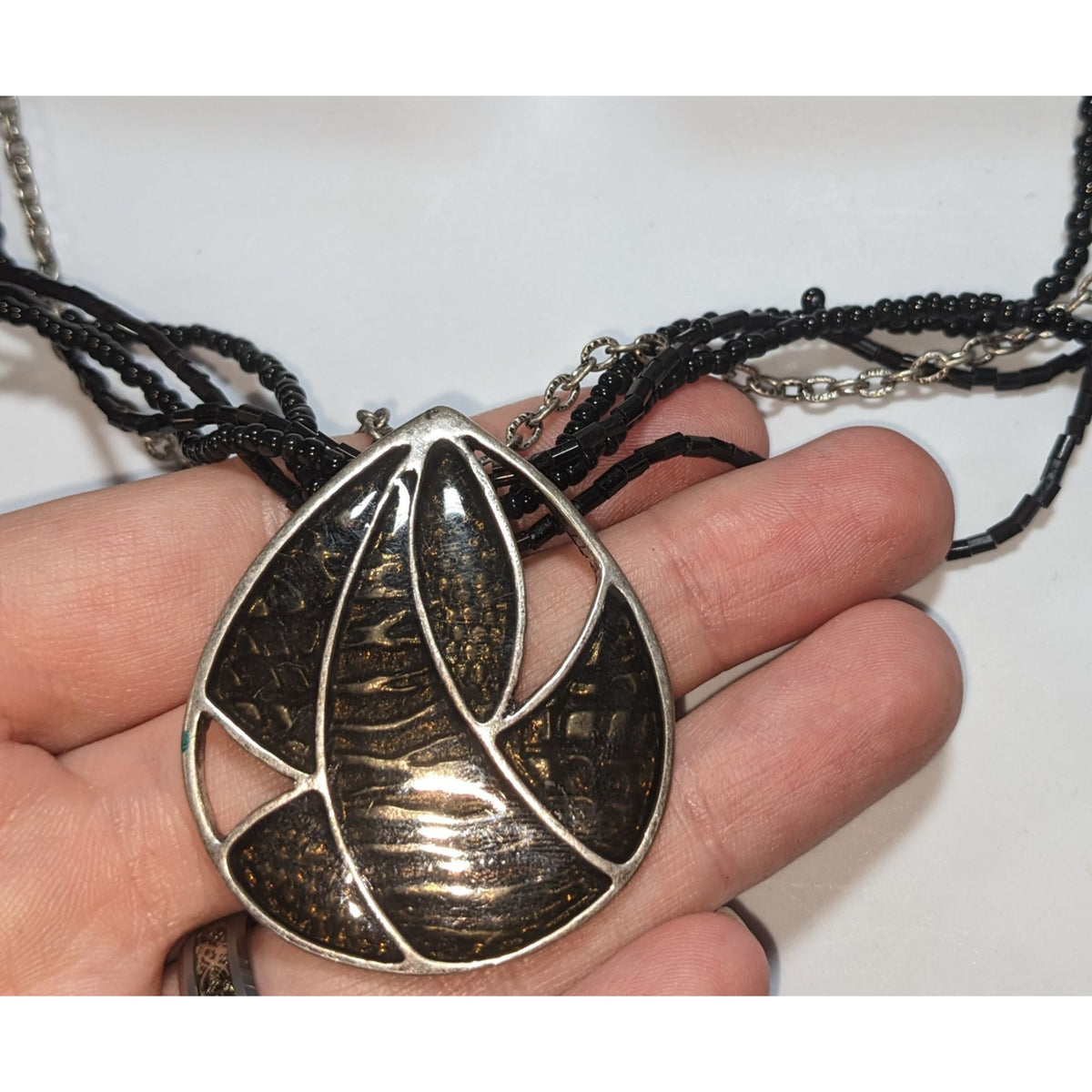 Glam Goth Black Glass Beaded Layered Necklace Abstract Enamel Pendant Silver Tone