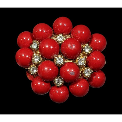 Vintage Chunky Red And Gold Tone Beaded Rhinestone Ring Size 7 3/4