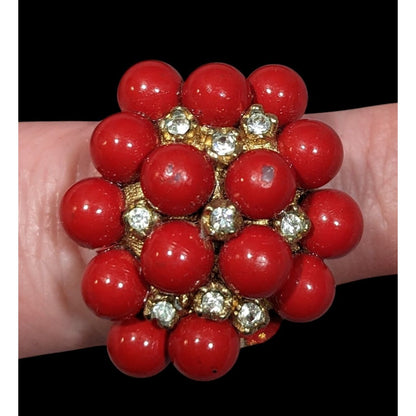 Vintage Chunky Red And Gold Tone Beaded Rhinestone Ring Size 7 3/4