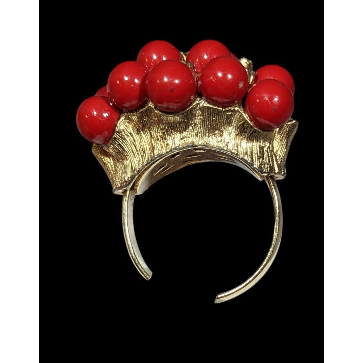 Vintage Chunky Red And Gold Tone Beaded Rhinestone Ring Size 7 3/4