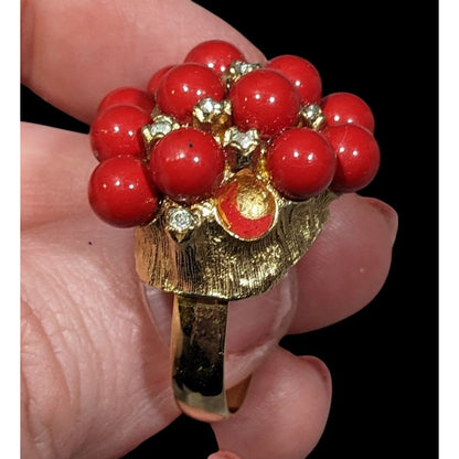 Vintage Chunky Red And Gold Tone Beaded Rhinestone Ring Size 7 3/4