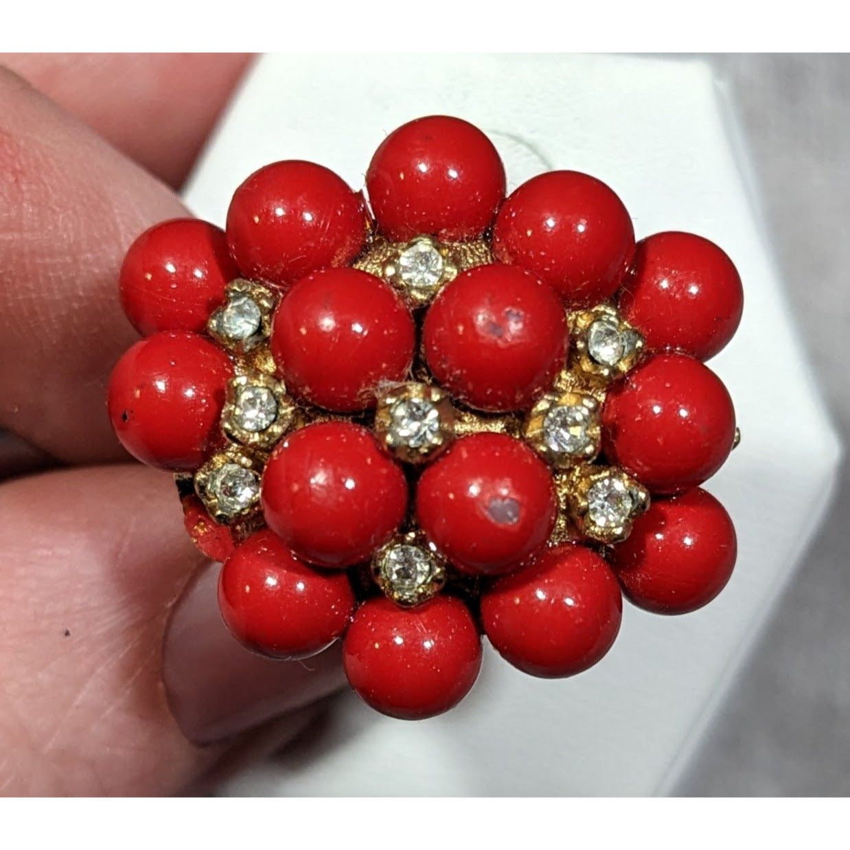 Vintage Chunky Red And Gold Tone Beaded Rhinestone Ring Size 7 3/4