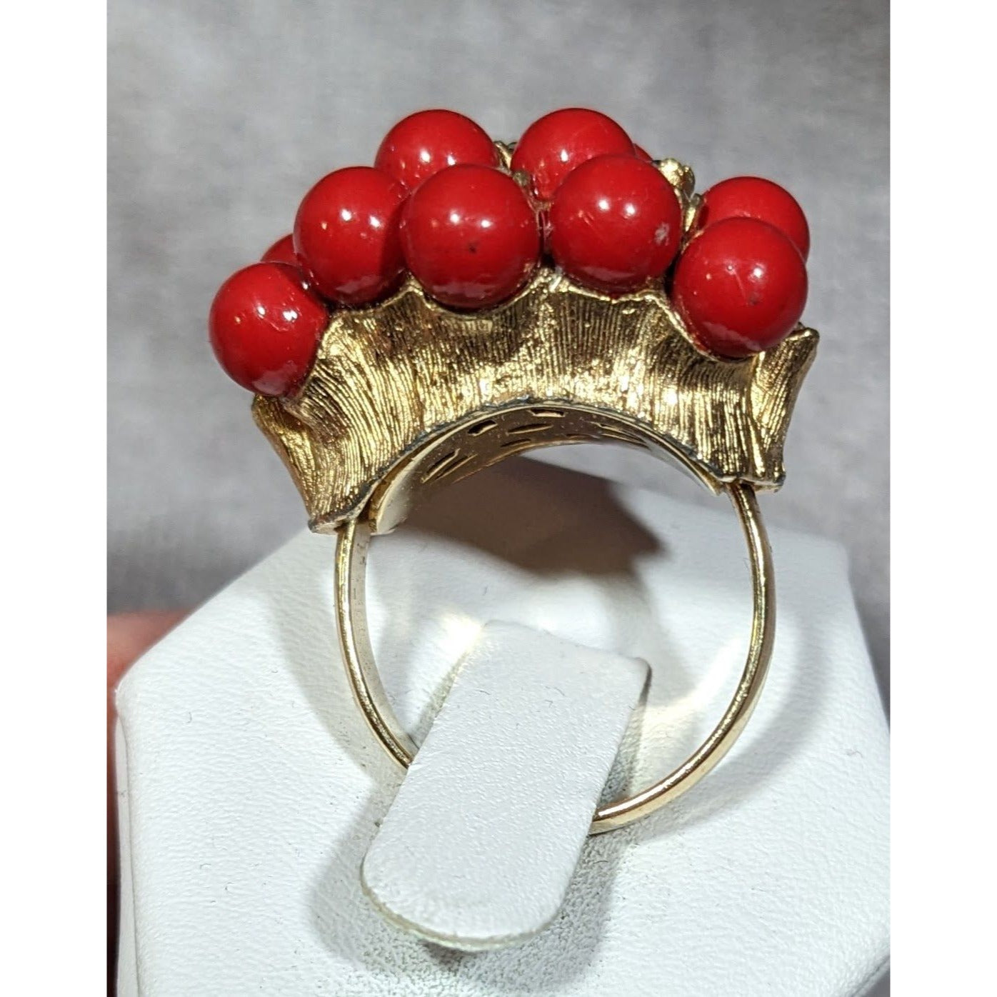 Vintage Chunky Red And Gold Tone Beaded Rhinestone Ring Size 7 3/4