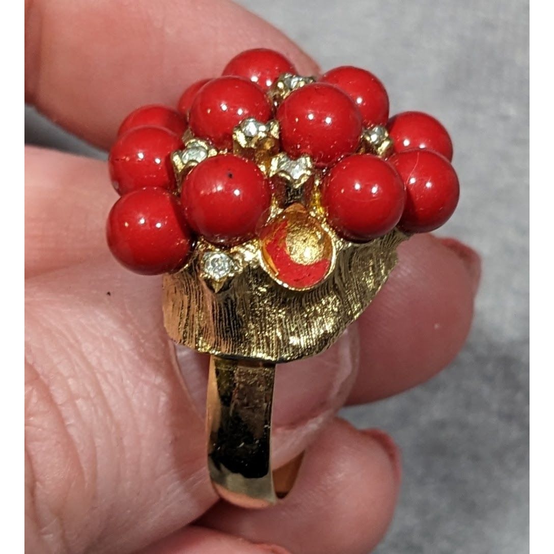 Vintage Chunky Red And Gold Tone Beaded Rhinestone Ring Size 7 3/4