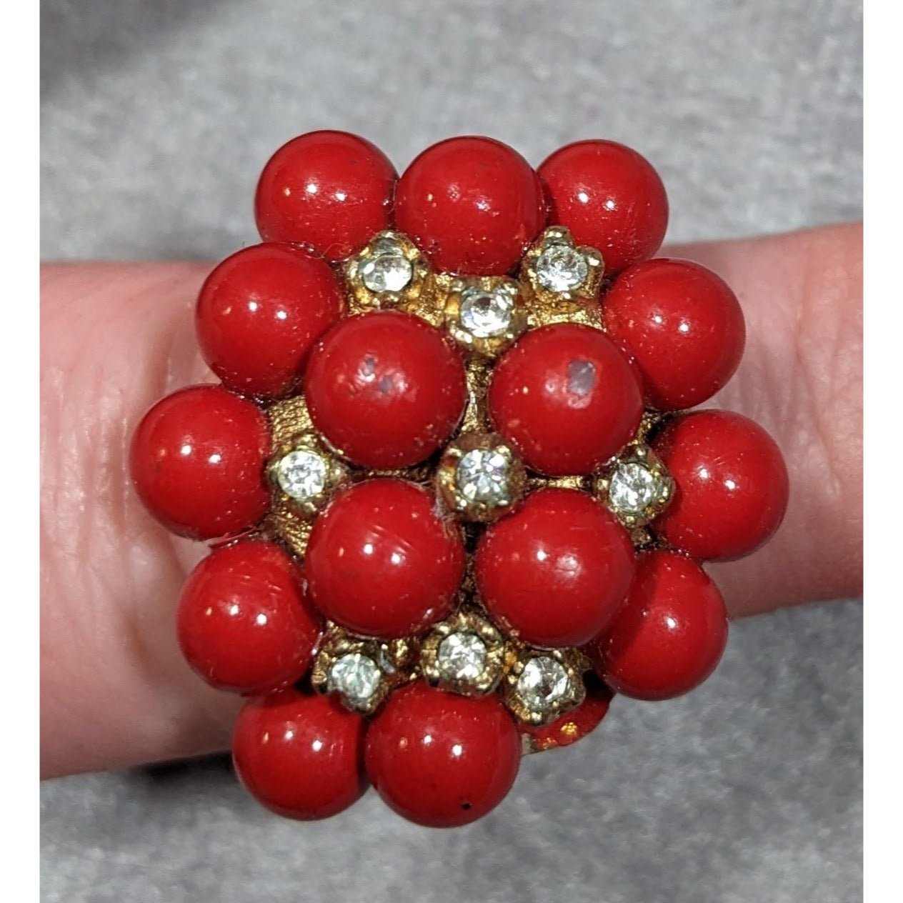 Vintage Chunky Red And Gold Tone Beaded Rhinestone Ring Size 7 3/4