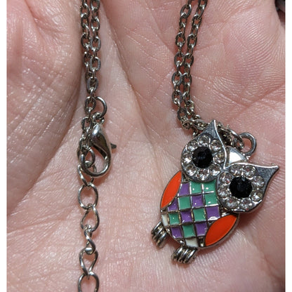 Rainbow Enamel Rhinestone Owl Pendant Necklace