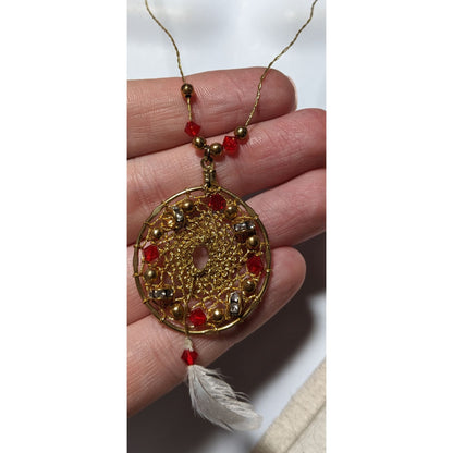 Gold Beaded Feather Dreamcatcher Necklace