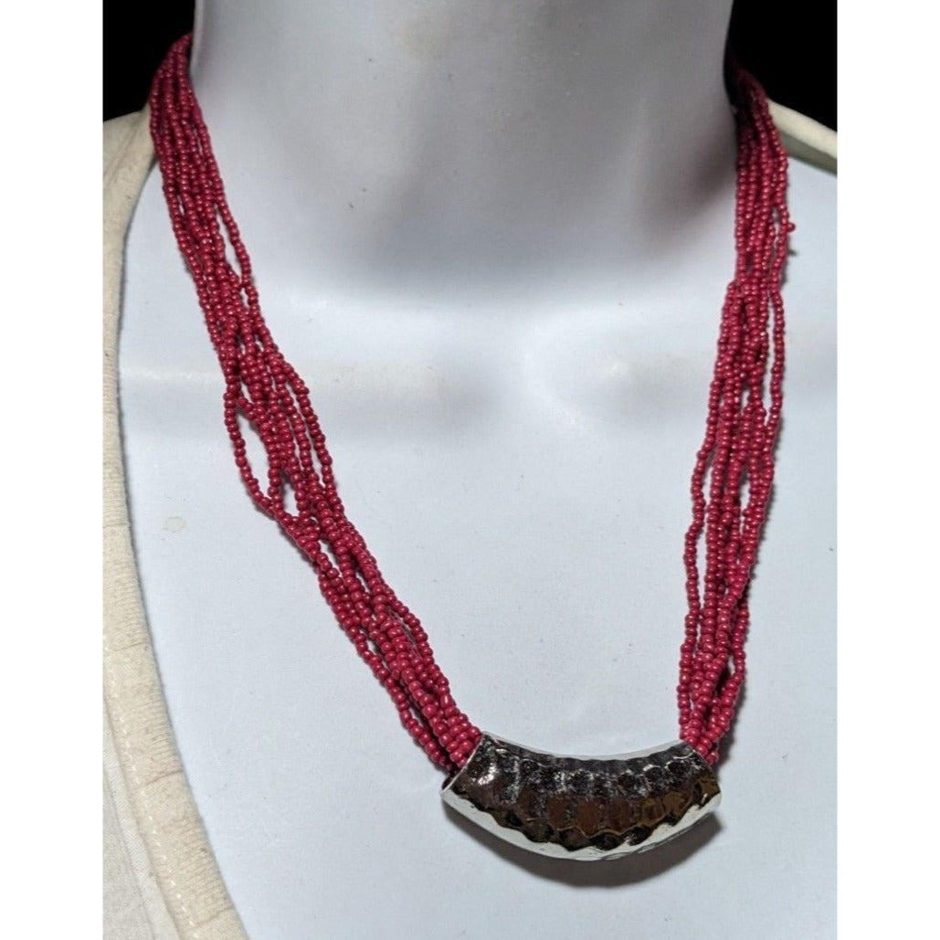 Red And Silver Beaded Multistrand Necklace