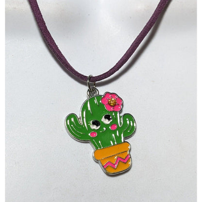 Smiling Bright Cactus Enamel Pendant Necklace