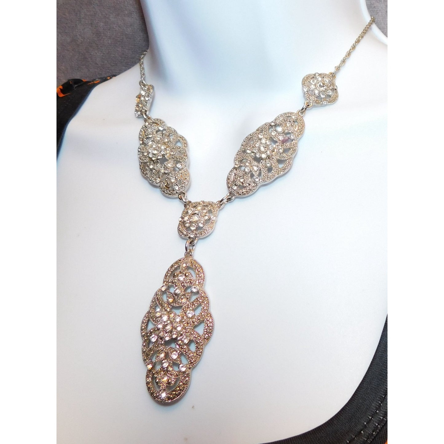 Silver Rhinestone Bridal Y Drop Necklace