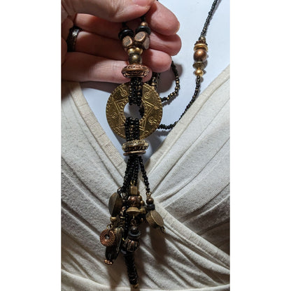 Vintage Southwestern Black And Gold Beaded Tassel Necklace