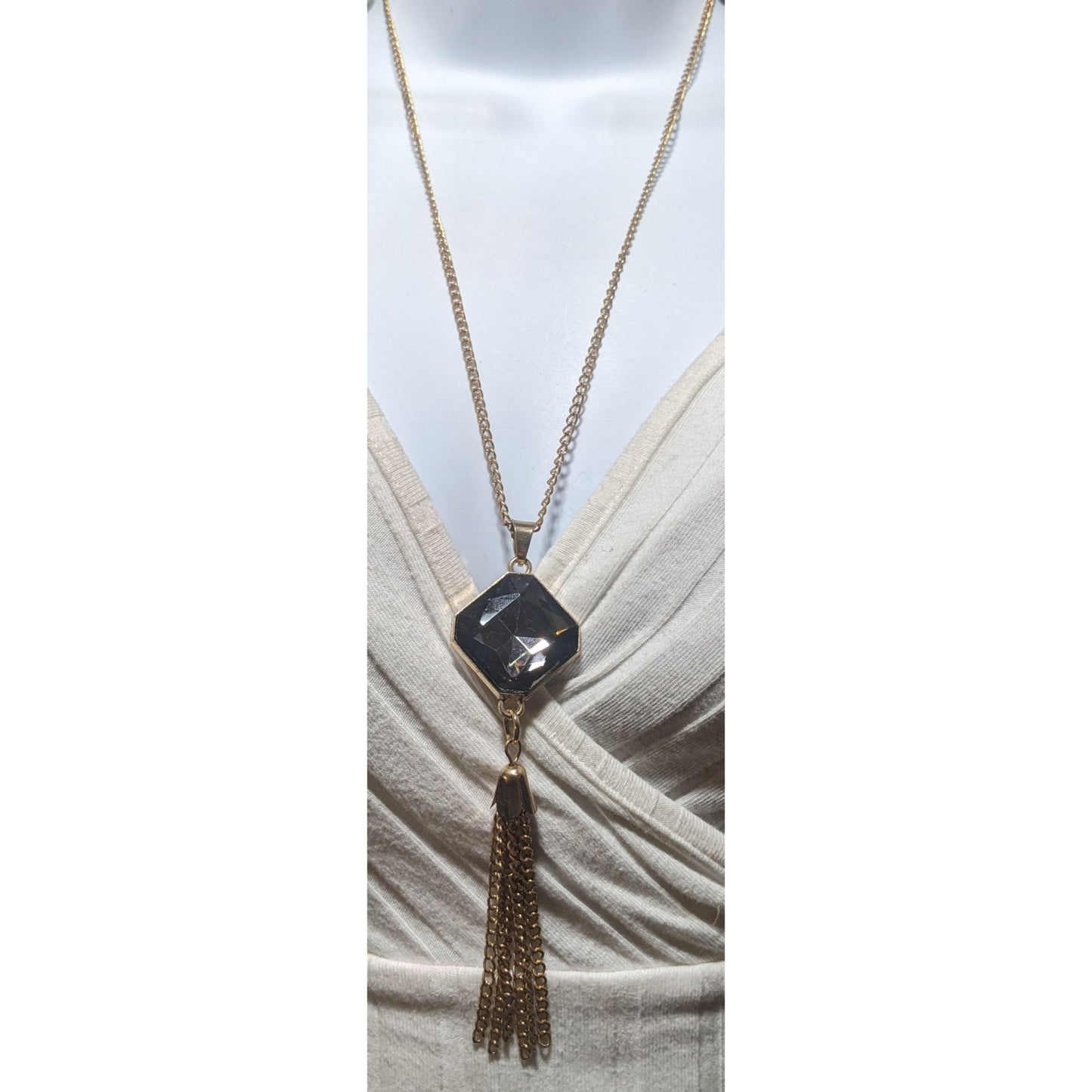 Gold Chain Necklace With Crystal Pendant & Tassel