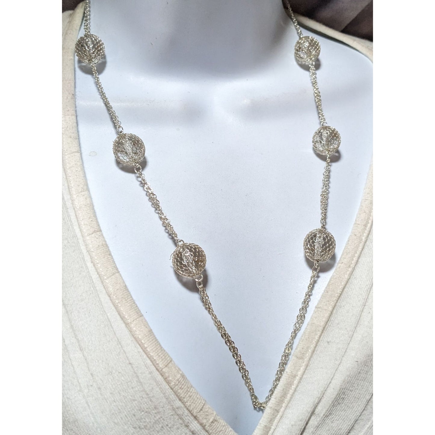 Bright Silver Mesh Ball Double Chain Necklace