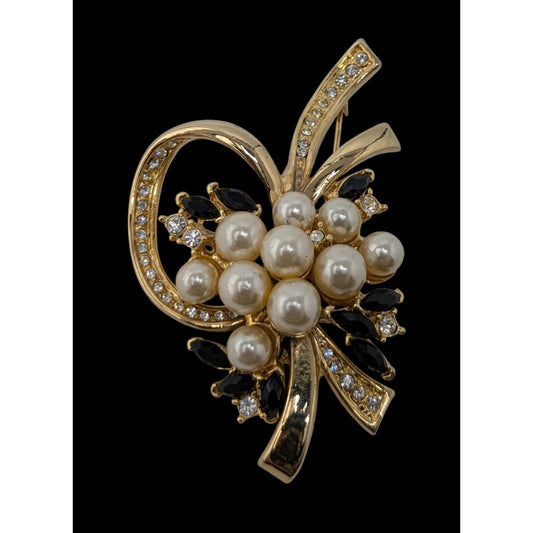 Vintage Glam Floral Gold-Tone Brooch With Faux Pearls Black And Clear Rhinestones