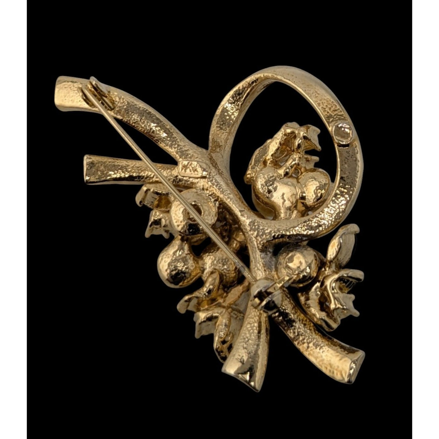 Vintage Glam Floral Gold-Tone Brooch With Faux Pearls Black And Clear Rhinestones