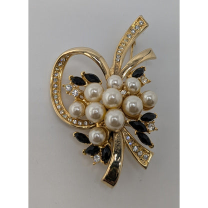 Vintage Glam Floral Gold-Tone Brooch With Faux Pearls Black And Clear Rhinestones