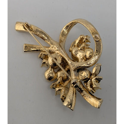 Vintage Glam Floral Gold-Tone Brooch With Faux Pearls Black And Clear Rhinestones