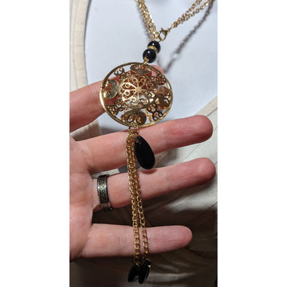 Gold Floral Crystal Filled Pendant Tassel Necklace