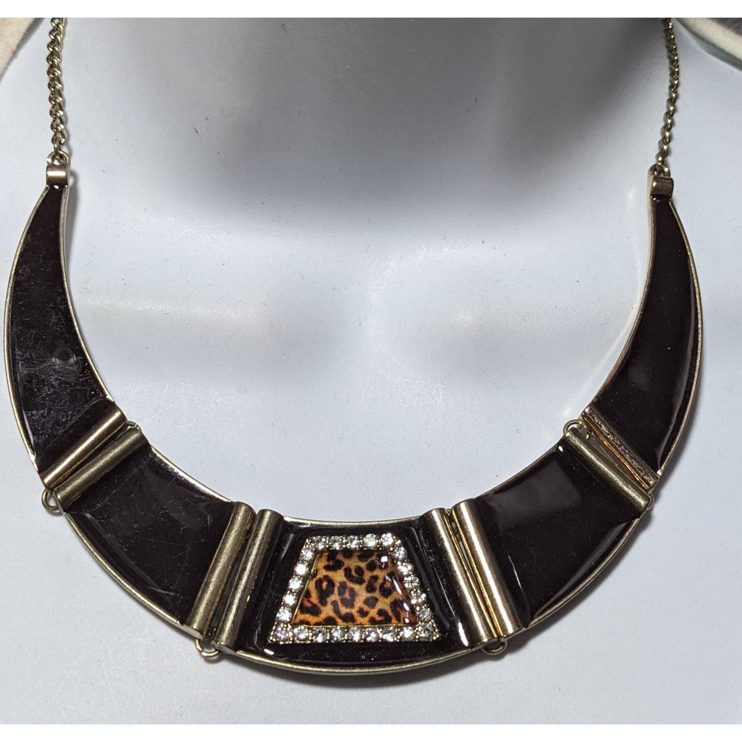 Retro 80s Glam Leopard Rhinestone Bib Necklace