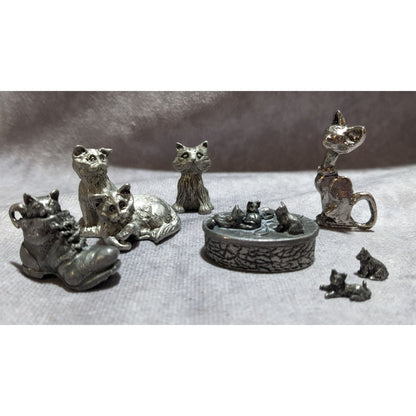 Vintage Miniature Pewter Cat Set (7)