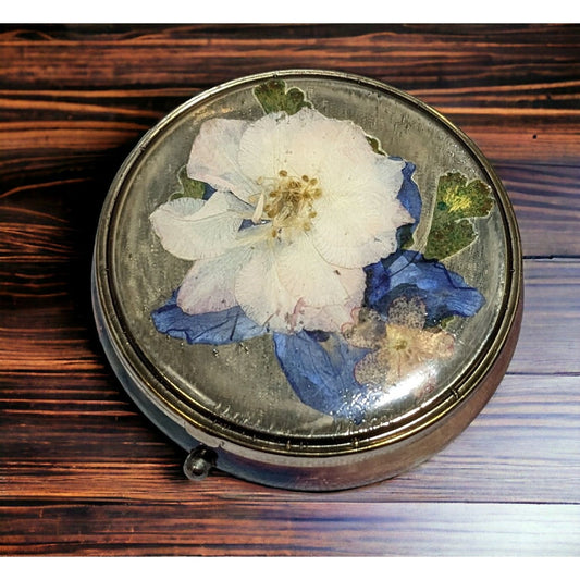 Vintage Pressed Flower Anodized Pillbox