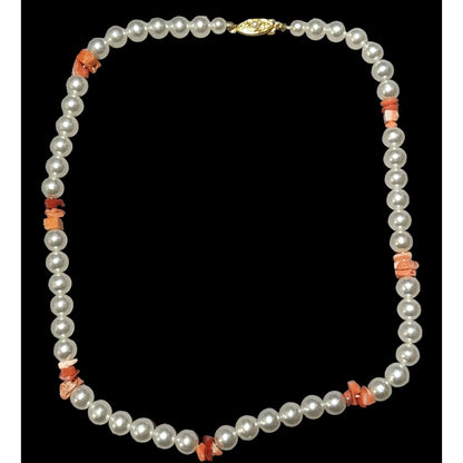 White Faux Pearl Beaded Coral Chip Necklace