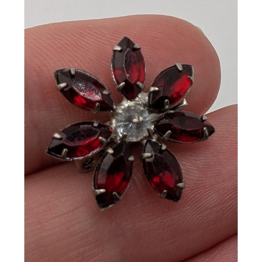 Vintage Floral Rhinestone Brooch Silver Tone Red Stones Cottagecore