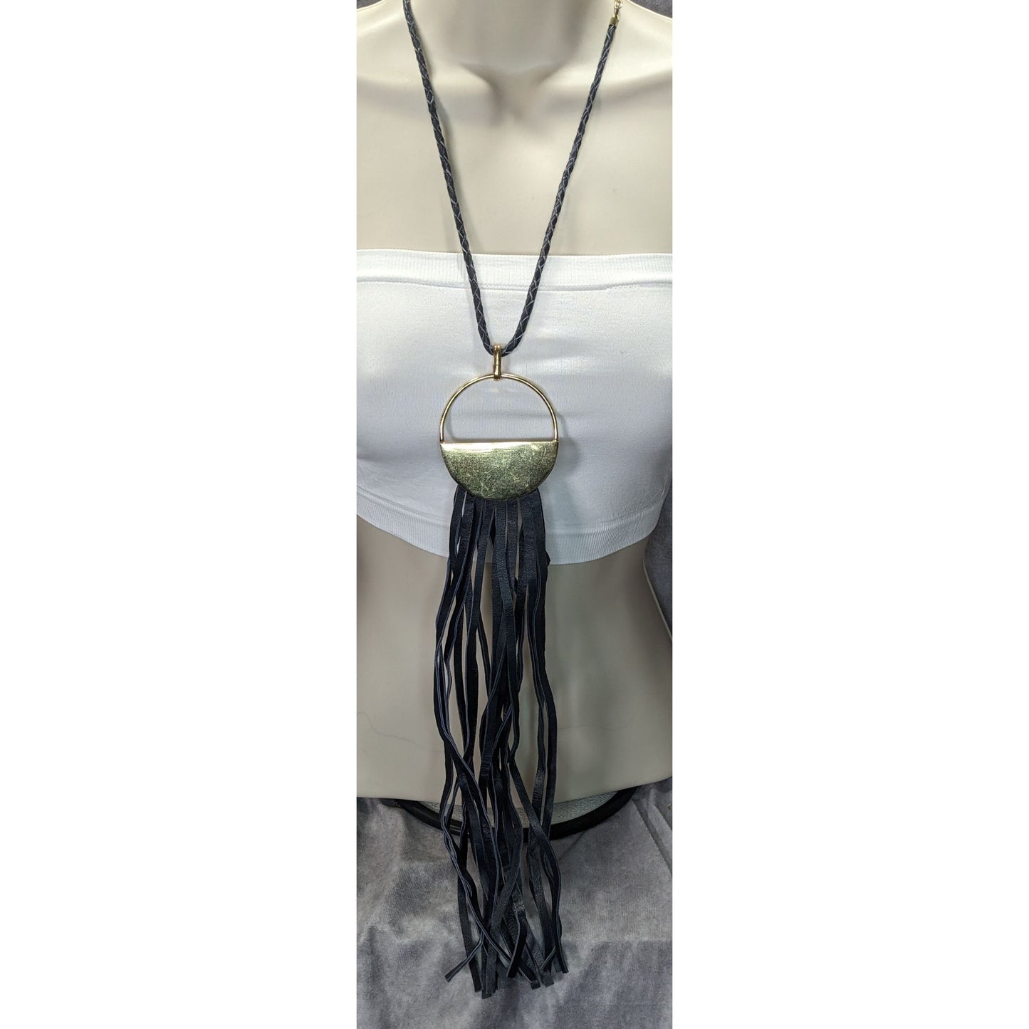 Vintage Chicos Southwestern Black Leather Fringe Gold Tone Pendant Necklace
