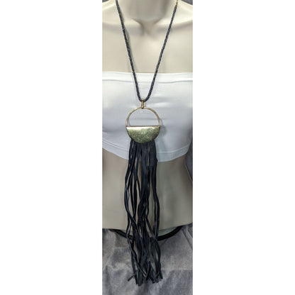 Vintage Chicos Southwestern Black Leather Fringe Gold Tone Pendant Necklace