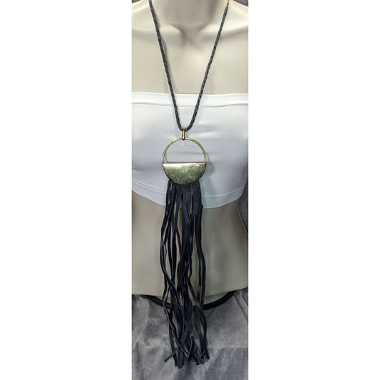 Vintage Chicos Southwestern Black Leather Fringe Gold Tone Pendant Necklace