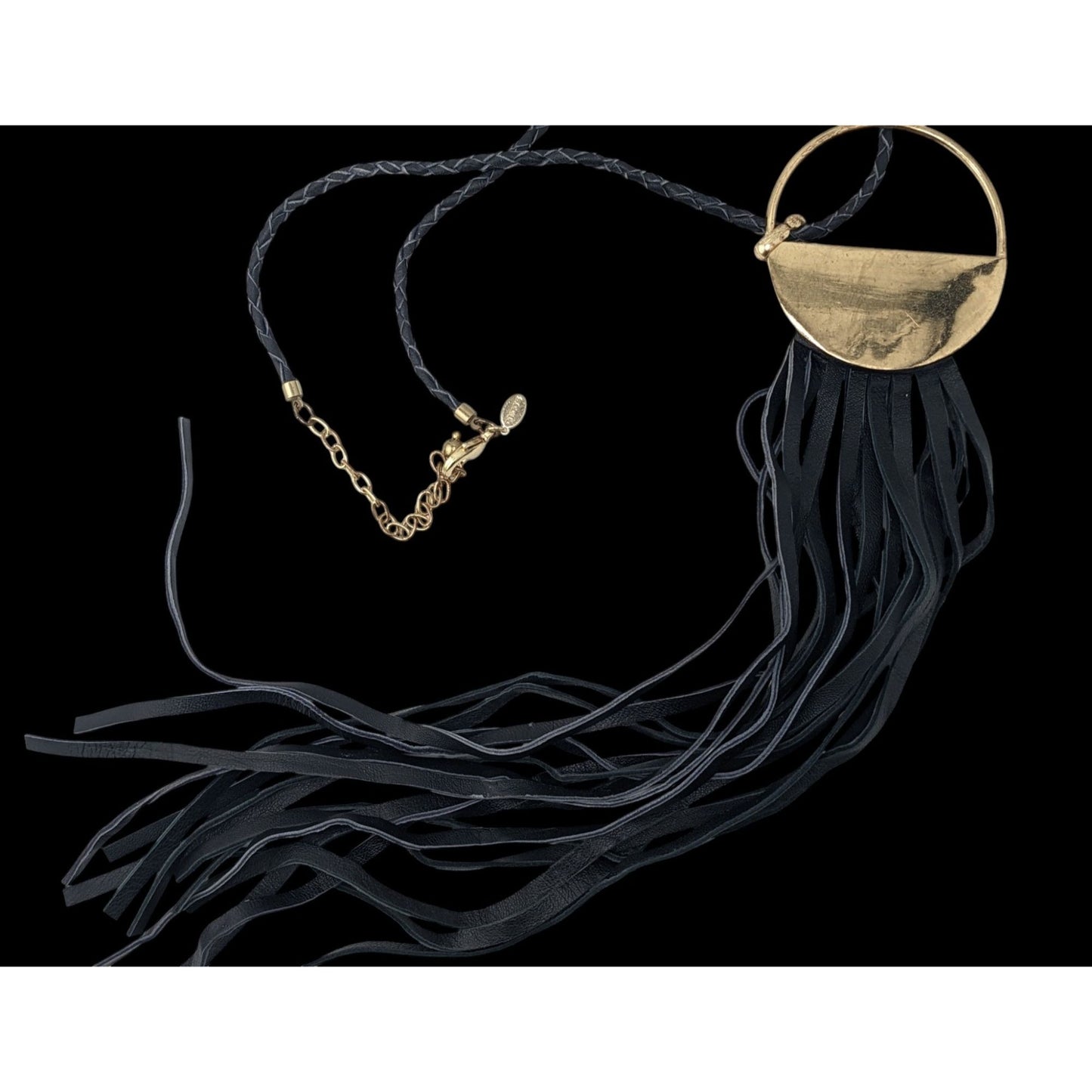 Vintage Chicos Southwestern Black Leather Fringe Gold Tone Pendant Necklace