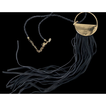 Vintage Chicos Southwestern Black Leather Fringe Gold Tone Pendant Necklace