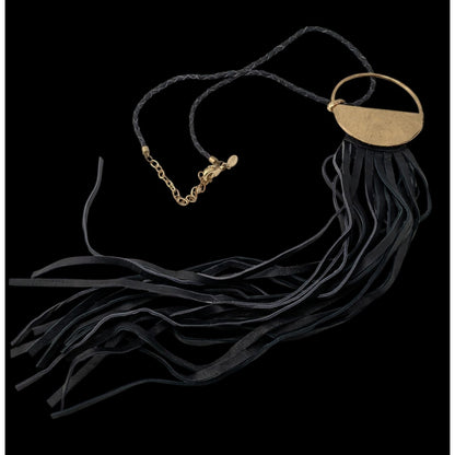 Vintage Chicos Southwestern Black Leather Fringe Gold Tone Pendant Necklace