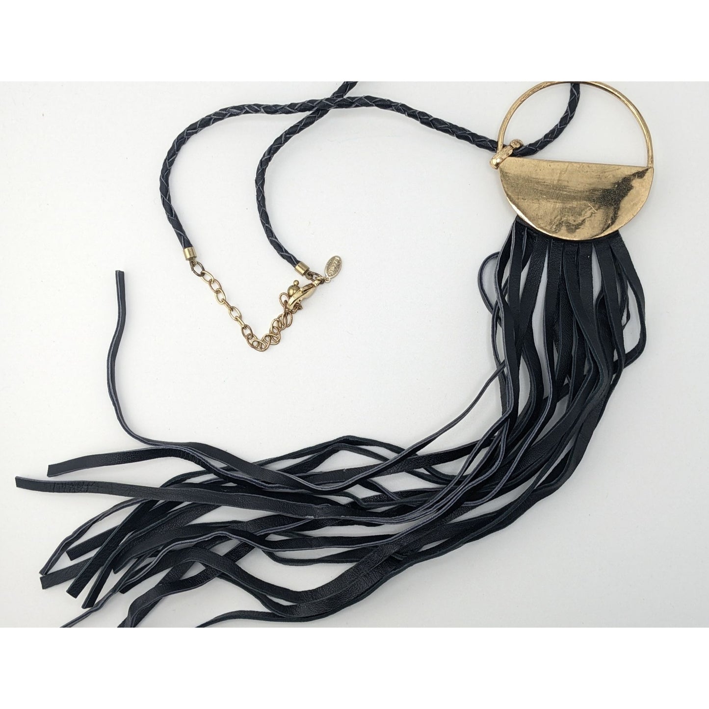 Vintage Chicos Southwestern Black Leather Fringe Gold Tone Pendant Necklace