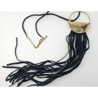 Vintage Chicos Southwestern Black Leather Fringe Gold Tone Pendant Necklace