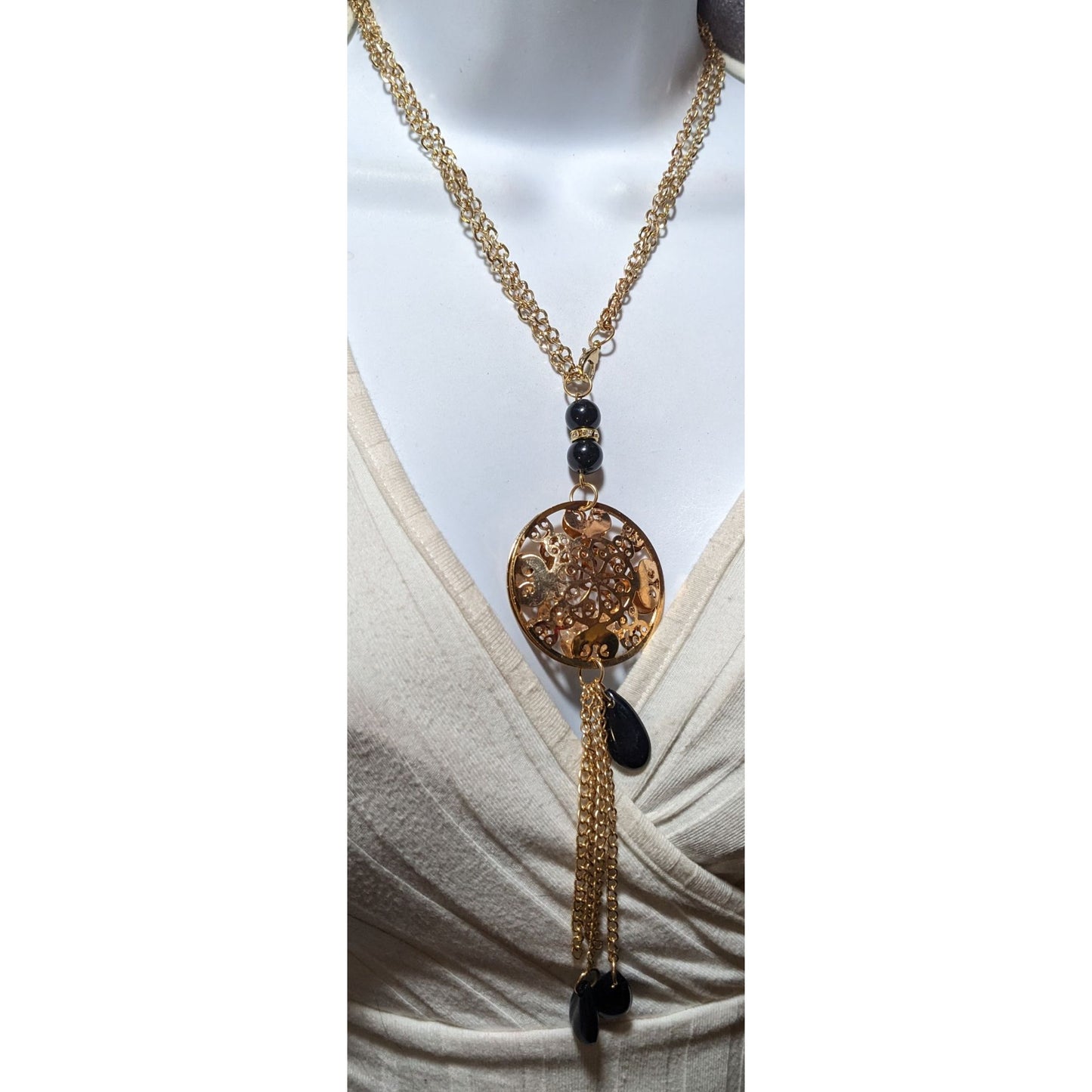 Gold Floral Crystal Filled Pendant Tassel Necklace